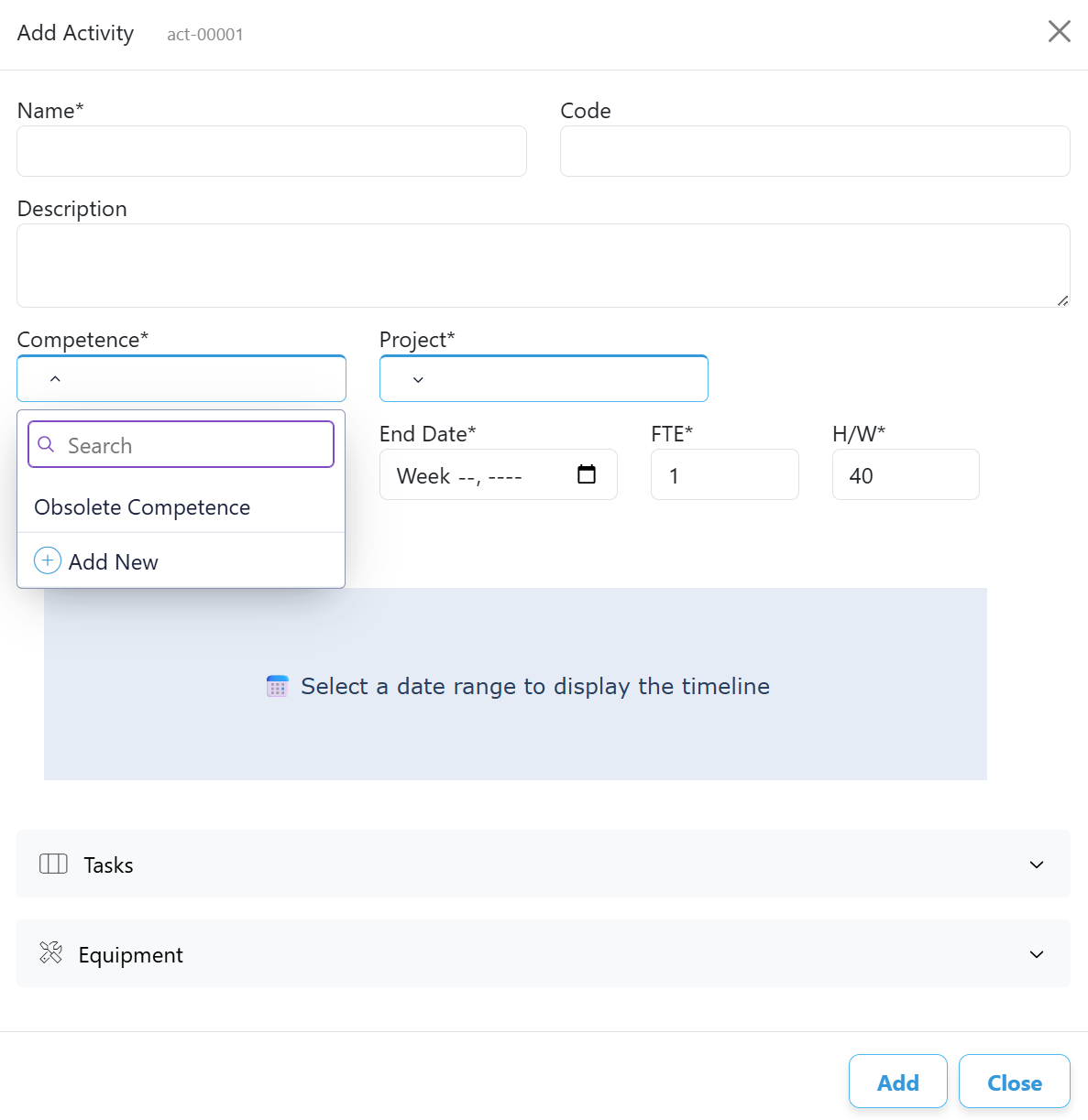 Competence dropdown in the Activity dialog with Add New option