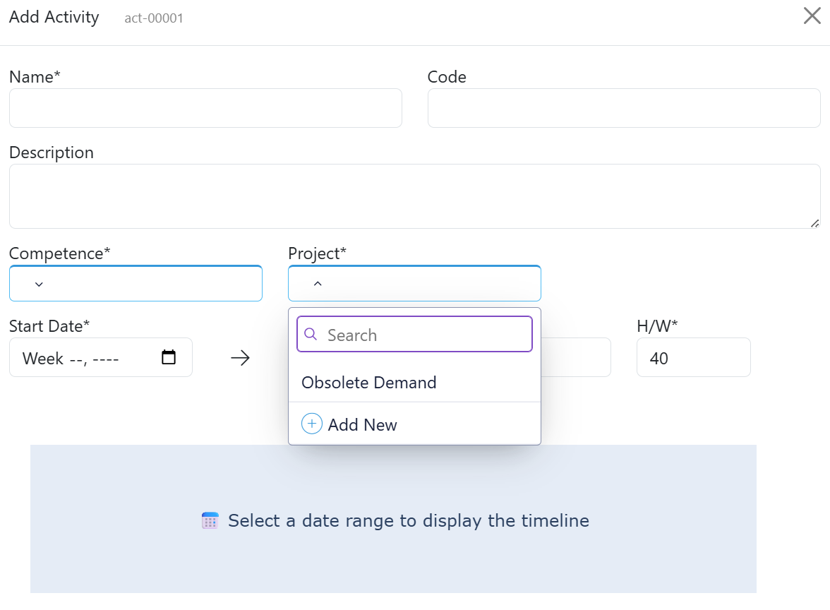 Falcon Activity Project dropdown showing the Add New option