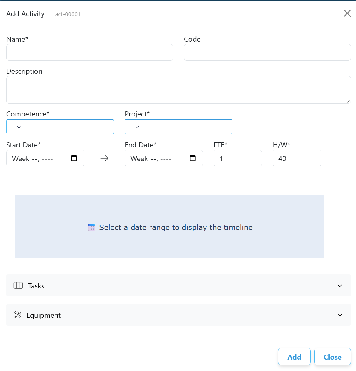 Falcon Add Activity dialog