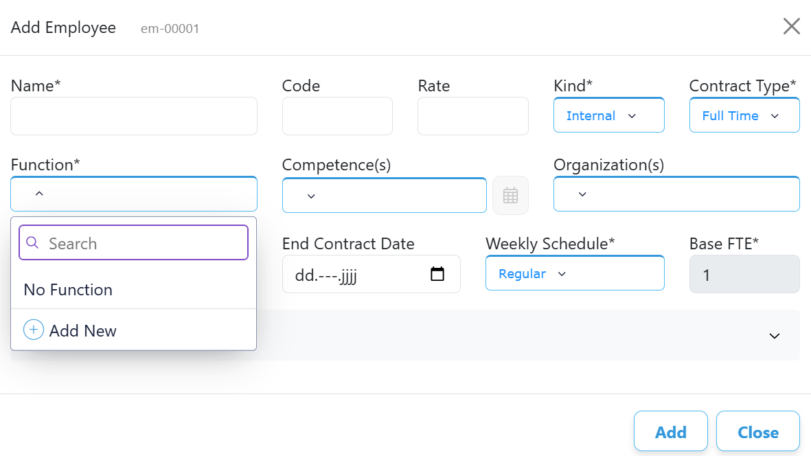 Falcon Employee Function dropdown showing Add New