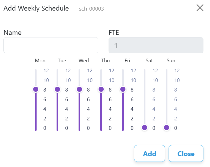 Falcon Add Weekly Schedule modal showing a regular 40-hour working week