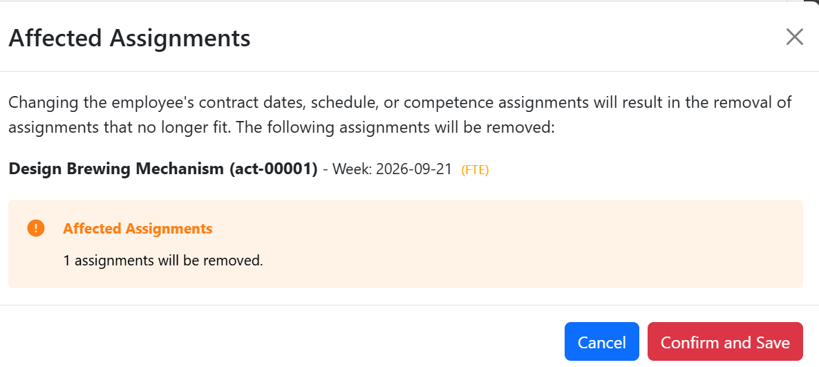 Falcon Affected Assignments warning after changing employee availability