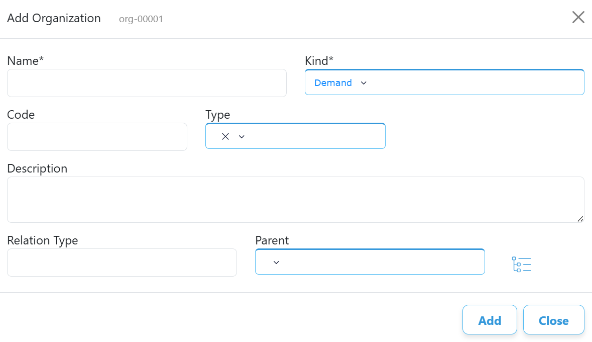 Falcon Add Organization modal with Kind set to Demand