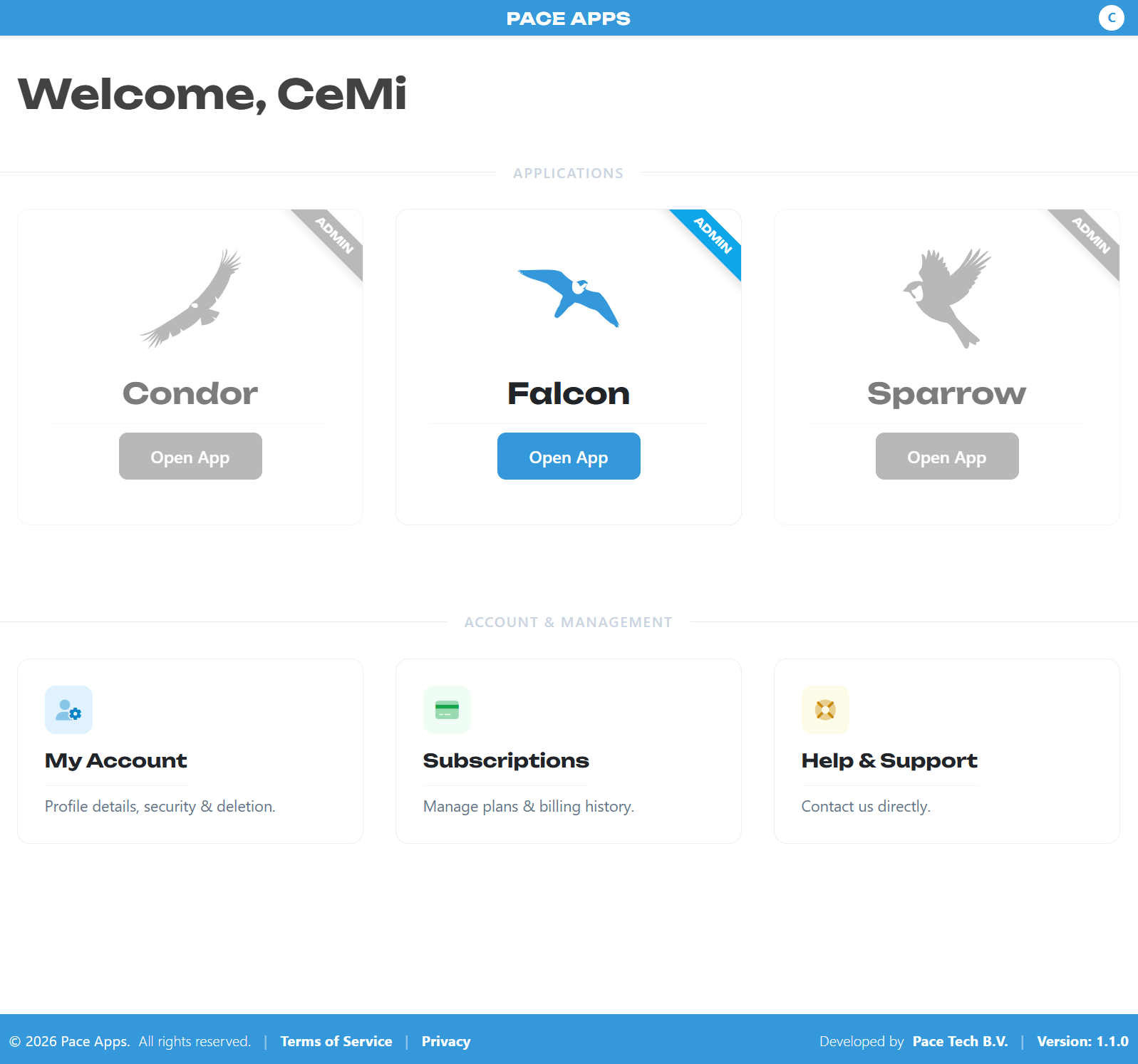 Pace Apps home screen showing Falcon and other available applications